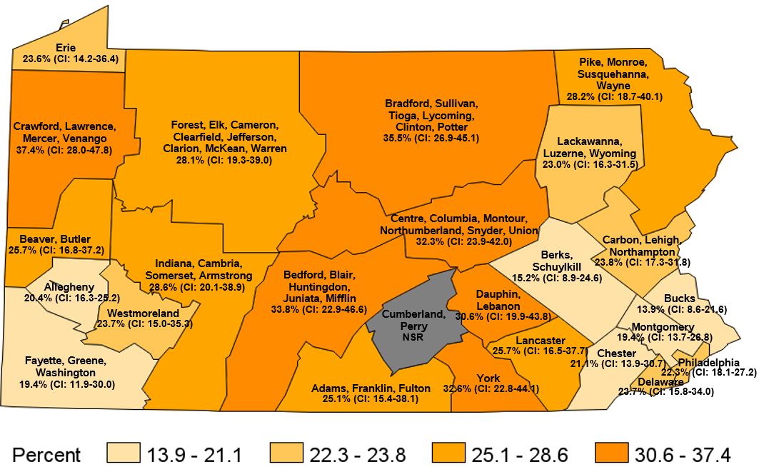 Have Fallen in the Past 12 Months, Age 45+, Pennsylvania Health Districts 2018